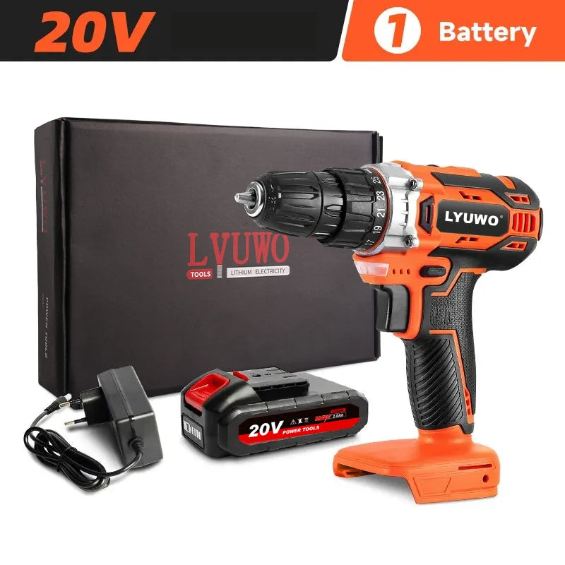 20V Cordless Drill 40N.m 25 Plus 1 LYUWO Electric Screwdriver Keyless Chuck Two Gear Speed Wireless Power Driver Battery Tools