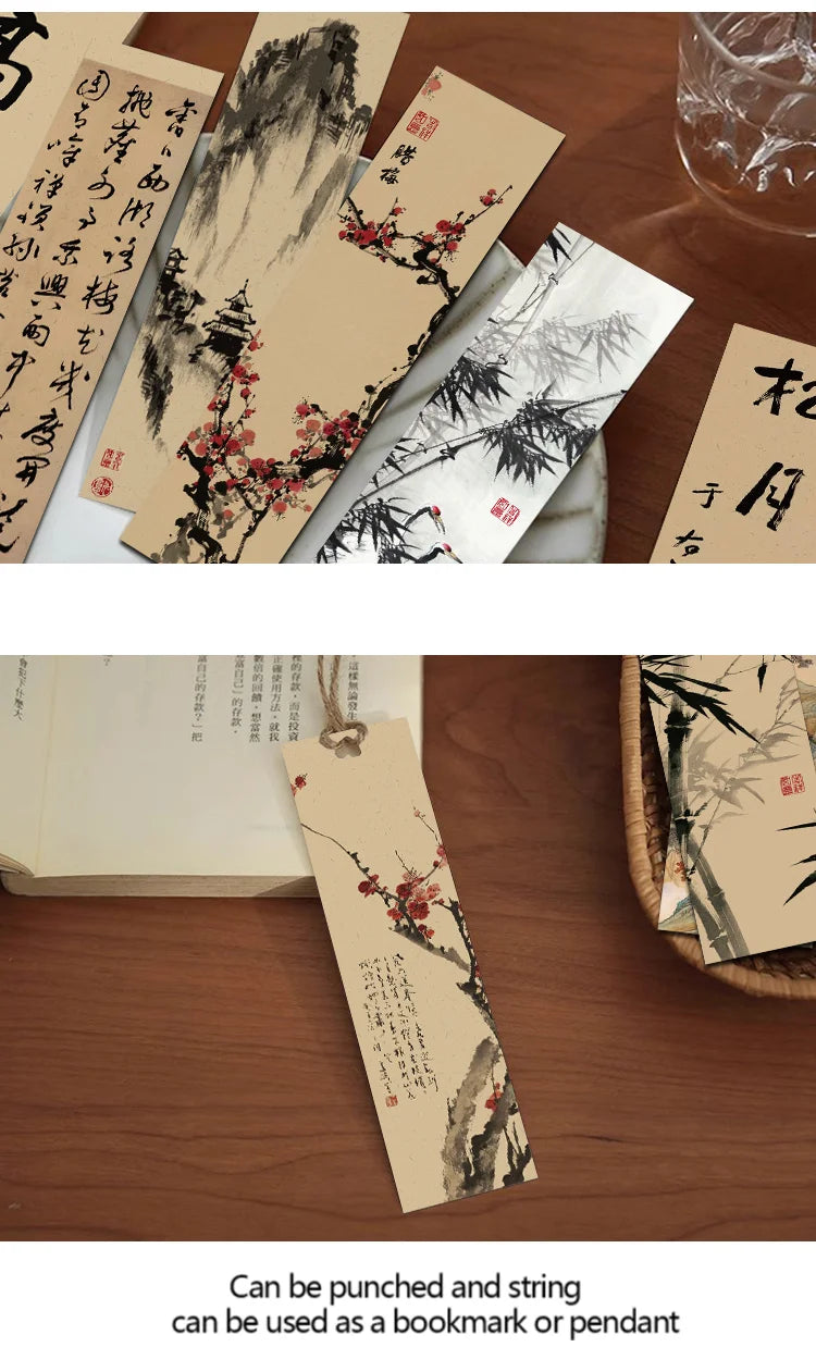 30pcs Chinese calligraphy and painting bookmarks Classical ink painting poetry decoration Reading pages Book marking page folder