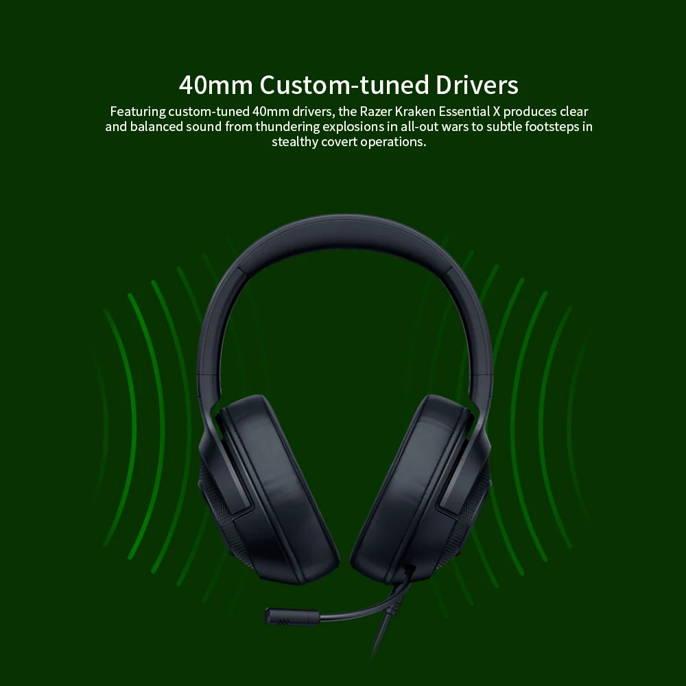 Razer Kraken X Essential Gaming Headset 7.1 Surround Sound Headphone Bendable Cardioid Microphone 40mm Driver Unit Headphones