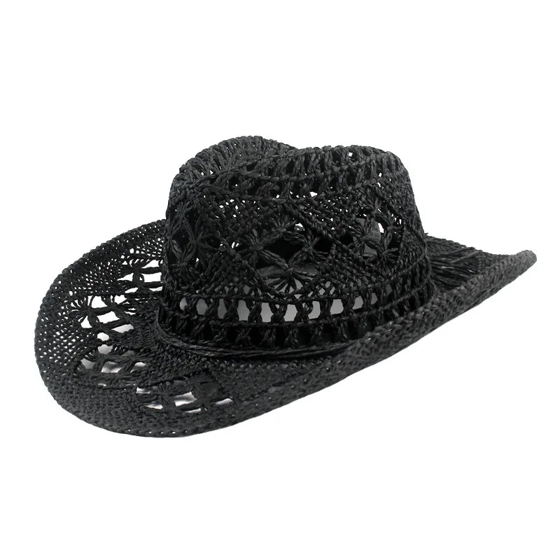 New Fashion Hollowed Handmade Cowboy Straw Hat Round Collapsible Western Cowboy Beach Hat Photo Props Western Sunshade Cap