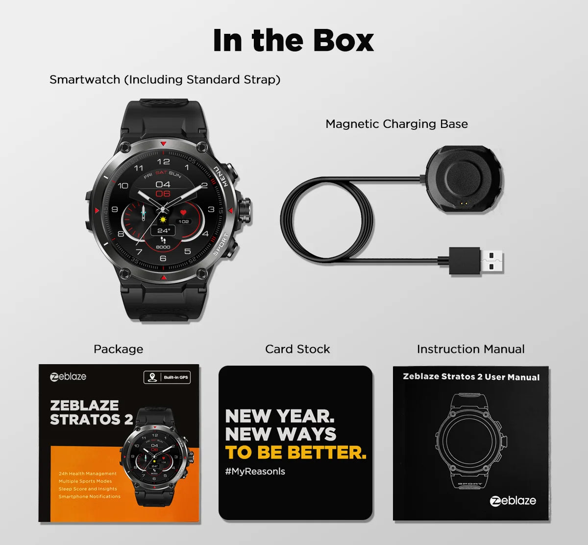 Zeblaze Stratos 2 GPS Smart Watch AMOLED Display 24h Health Monitor 5 ATM Long Battery Life Smartwatch for Men