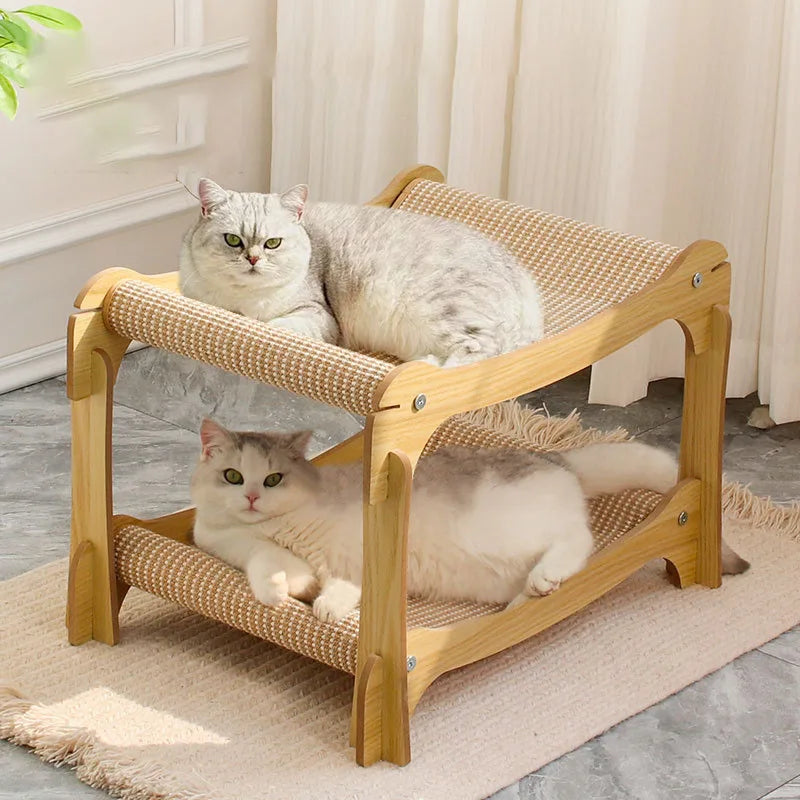 2 Tier Cat Hammock Bed Elevated Wooden Pet Bunk Beds For Indoor Cats Double Wooden Cat Bed Home Wood Raised Hanging Bed For Cats