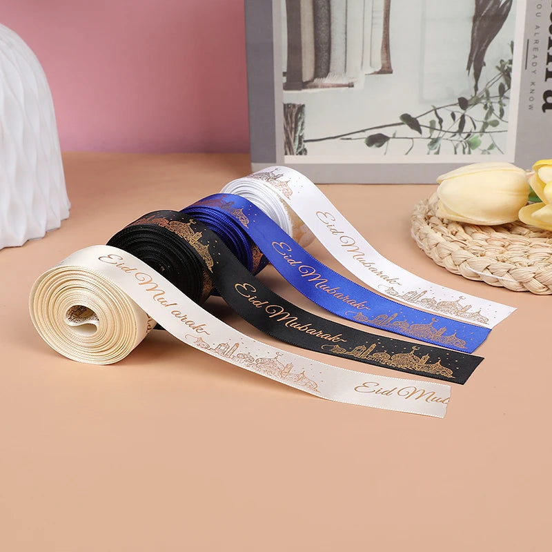 2.5cm 5Yards Eid Mubarak Ribbon Gift Box Wrapping Decoration DIY Bow 2025 Islamic Muslim Festival Party Supplies Ramadan Kareem