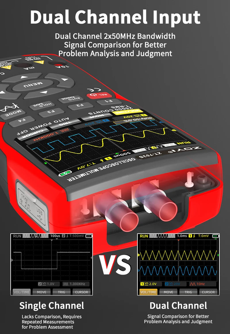 ZOYI ZT-703S 3-in-1 Oscilloscope Multimeter with 3.5 Inch IPS Display,25000 Counts, Dual Channel 50MHZ Bandwidth,280MSa/s High