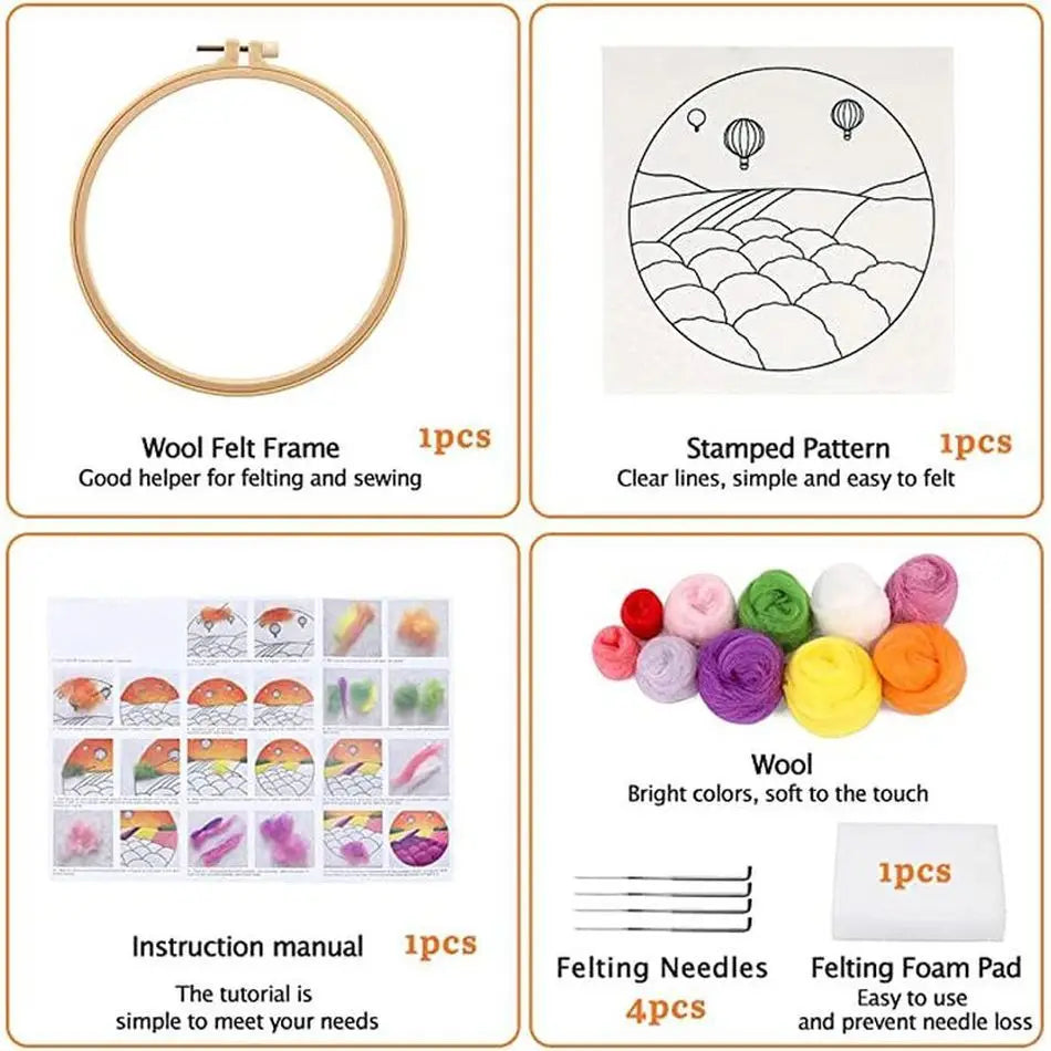 PhotoCustom DIY Wool Felting Painting Kit With Frame Handmade Needle Wool Painting Hot Air Balloon For Home Decors Crafts Gift