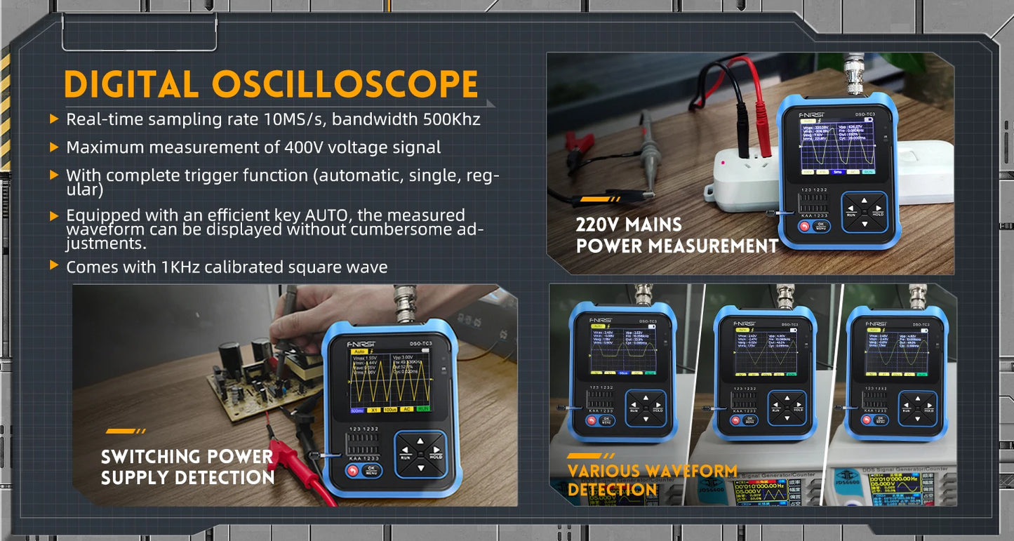 FNIRSI DSO-TC3 Handheld Digital Oscilloscope Transistor Tester 3-in-1 Support Diode Capacitance Voltage LCR Detect PWM Out
