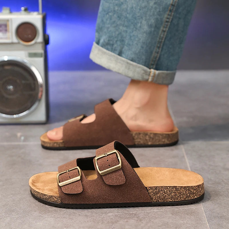 【Retro double button + cork foot feeling】Couple casual slippers for summer wear, anti-slip comfortable sandals