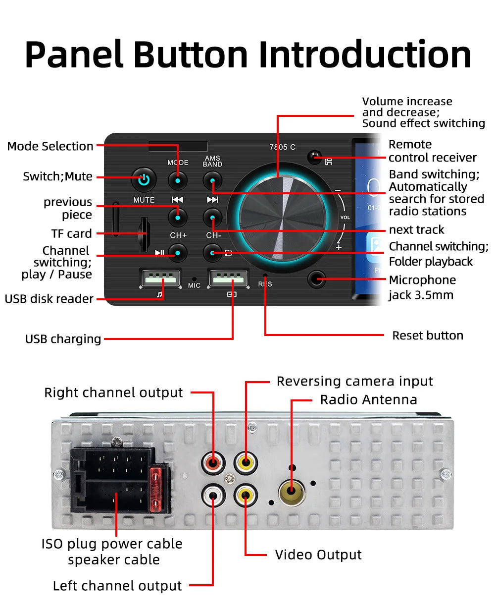 1 Din 4Inch Car Radio Touch Screen Bluetooth Music Handsfree MP5 Player TF USB Charging Remote Audio System ISO Head Unit 7805C