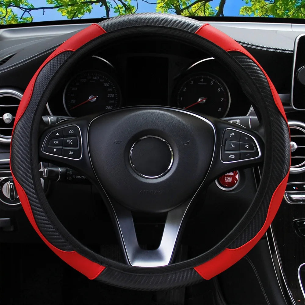 PU Carbon Fiber Leather Car Steering Wheel Cover Without Inner Ring Universal Suitable for 14.5-15 Inches of Automotive Supplies