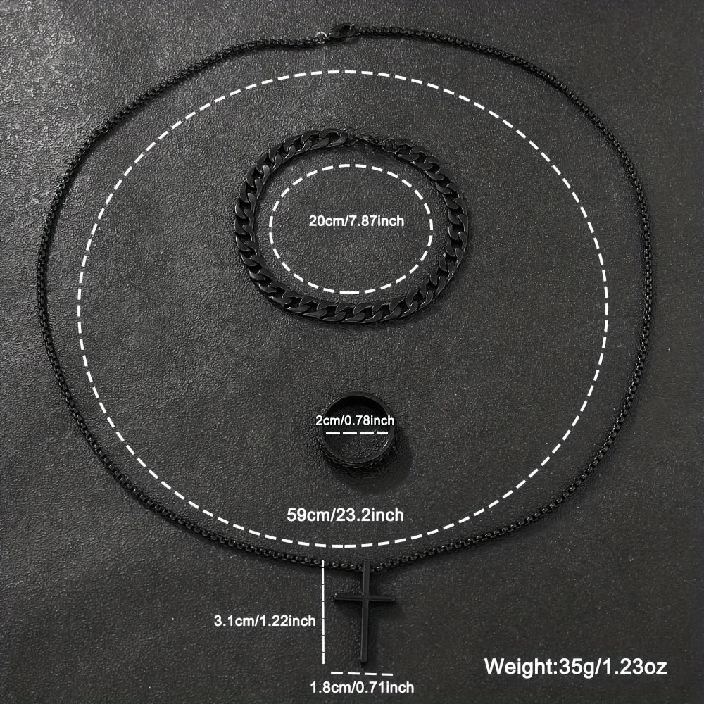 4pcs/set, Men's Simple Pointer Round Black Calendar Quartz Watch and Black Cross Pendant Necklace, Ring, Bracelet, Gift for Him