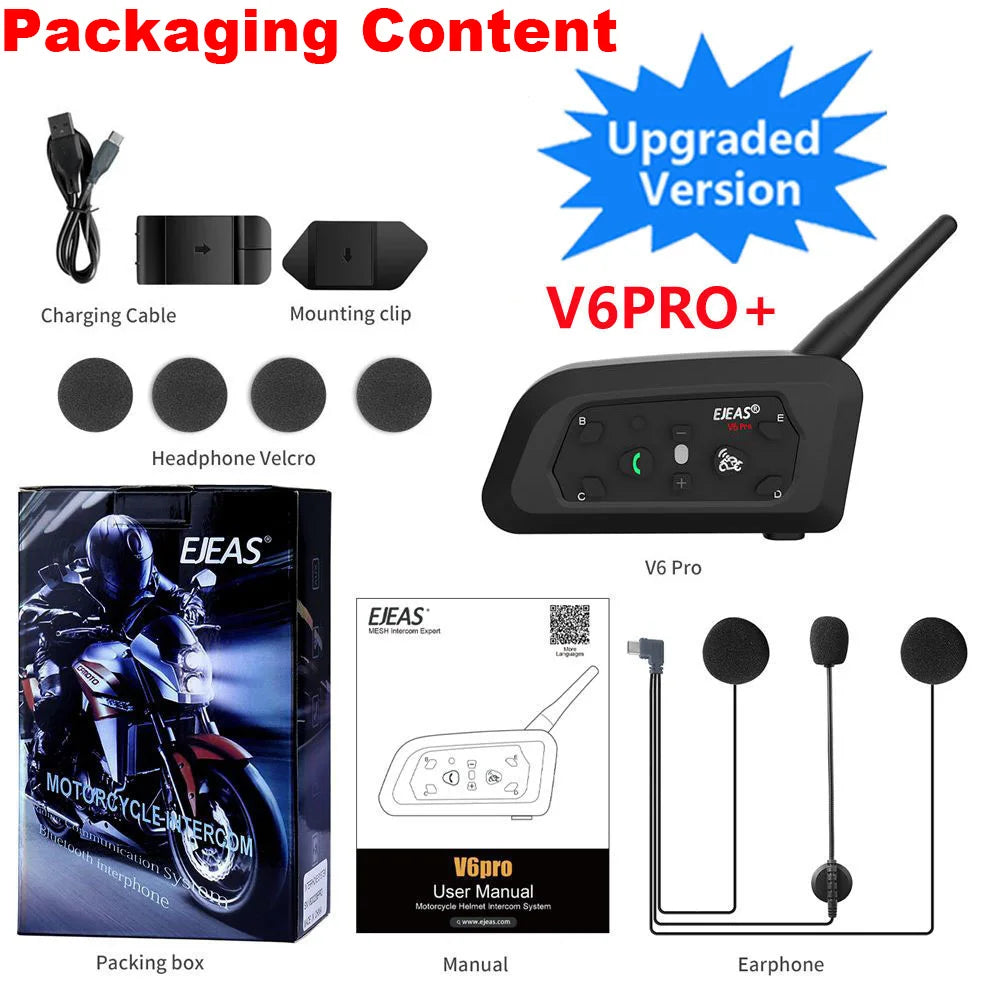 EJEAS V6 PRO+ Motorcycle Helmet Intercom Bluetooth Headset 6 Riders Communicator Waterproof V5.1 Music Player 800m Interphone