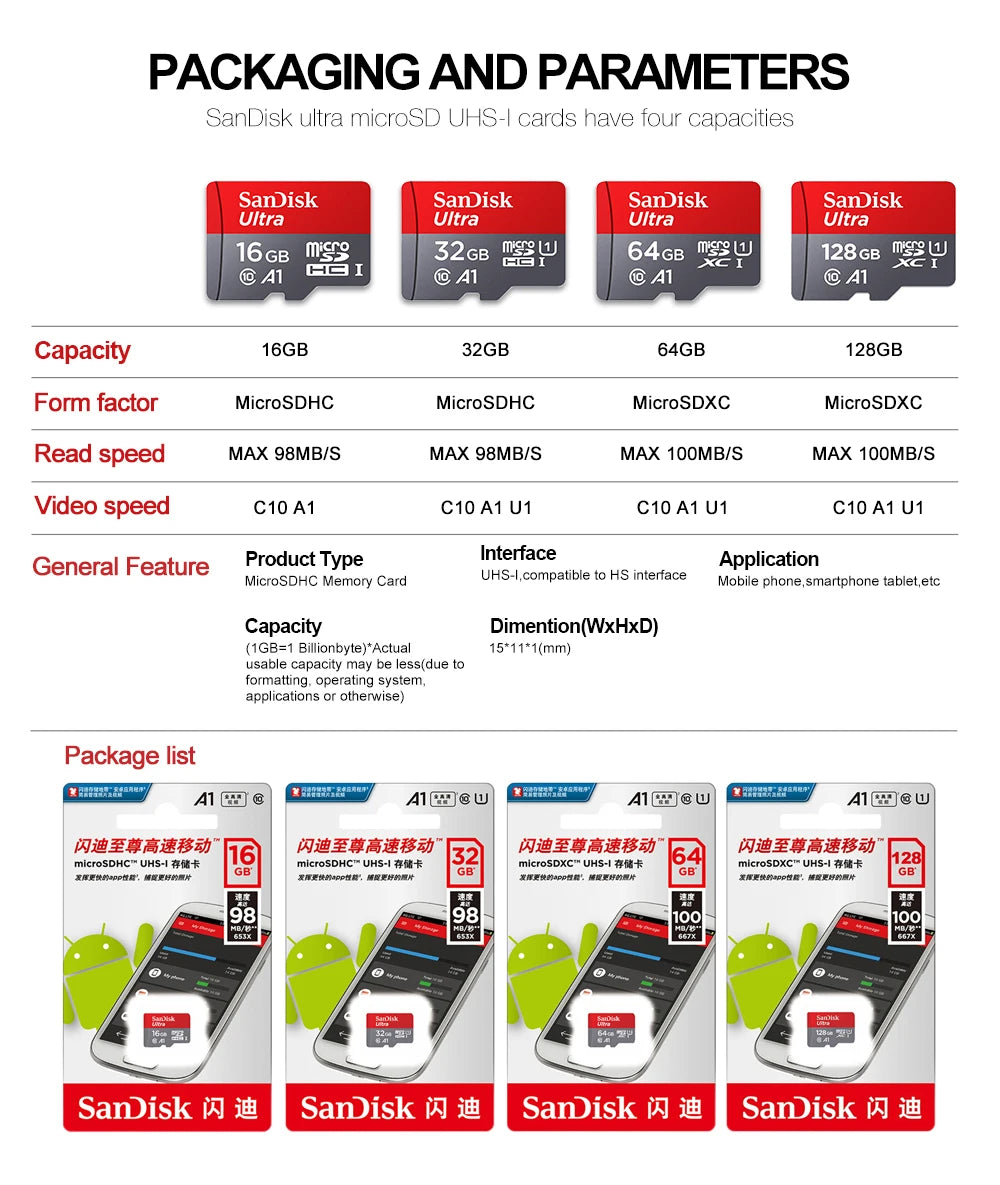 Sandisk Ultra A1 Micro SD Card 128GB Class 10 Flash TF Card 128GB Memory Card 128gb memoria disk for samrtphone + SD Adapter
