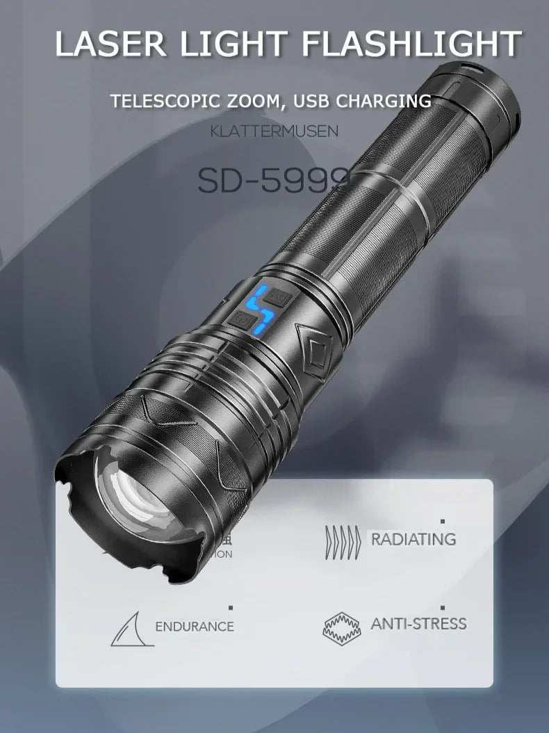 LED Tactical Flashlight Super Bright Spotlight Power Display Long Range Zoomable Torch Outdoor Emergency Tactical Search Lantern