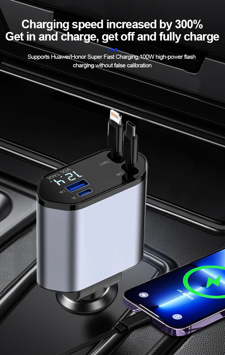 100W Car Charger Car Super Fast Charge Flash Charging, Telescopic Cable Four-in-one Point Smoker Car Charging