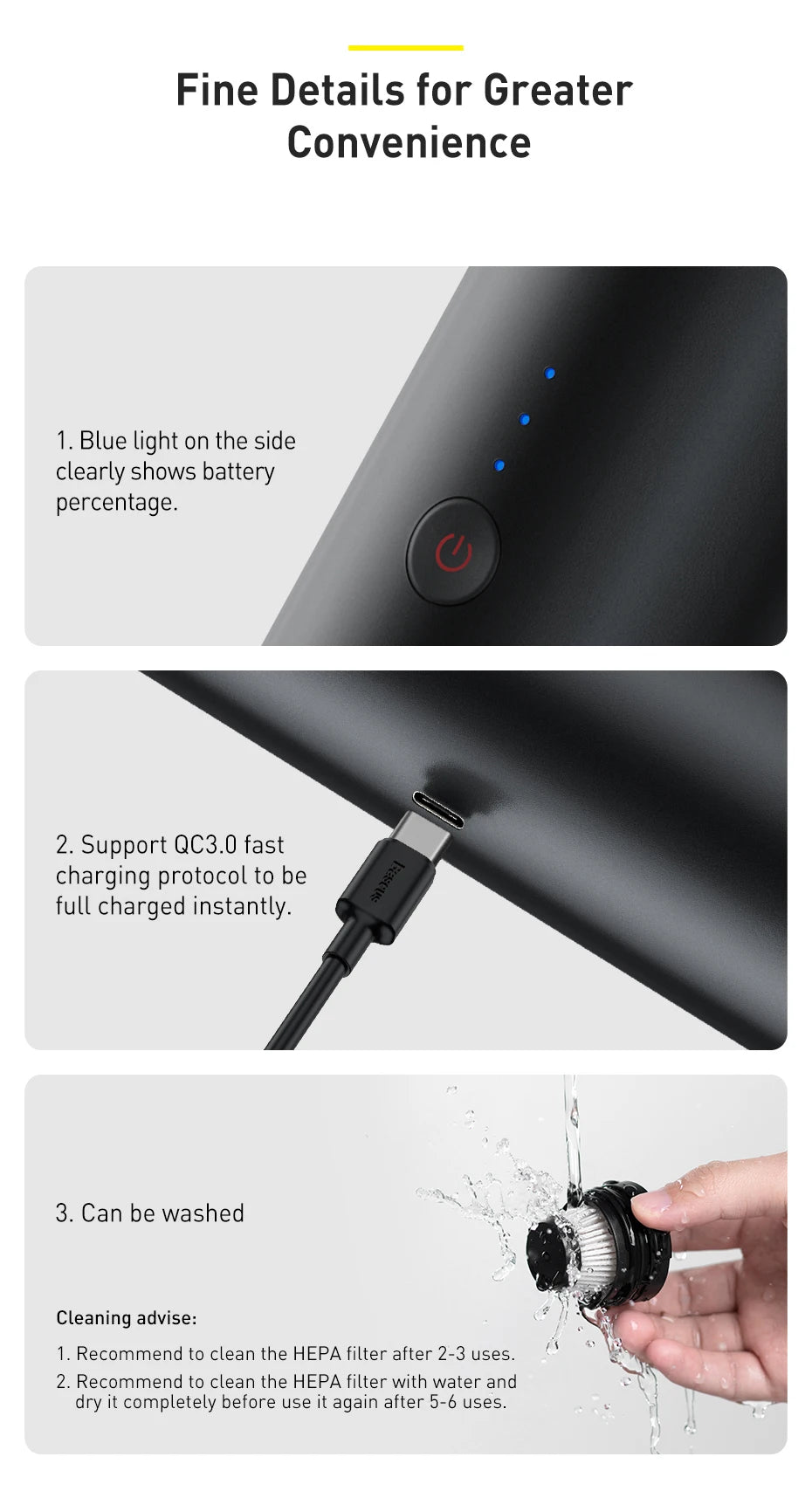 Baseus A3 15000Pa Car Vacuum Cleaner Wireless Cleaner Mini Portable Powerful Auto Vacuum Cleaner Air Blower W LED for Home Car