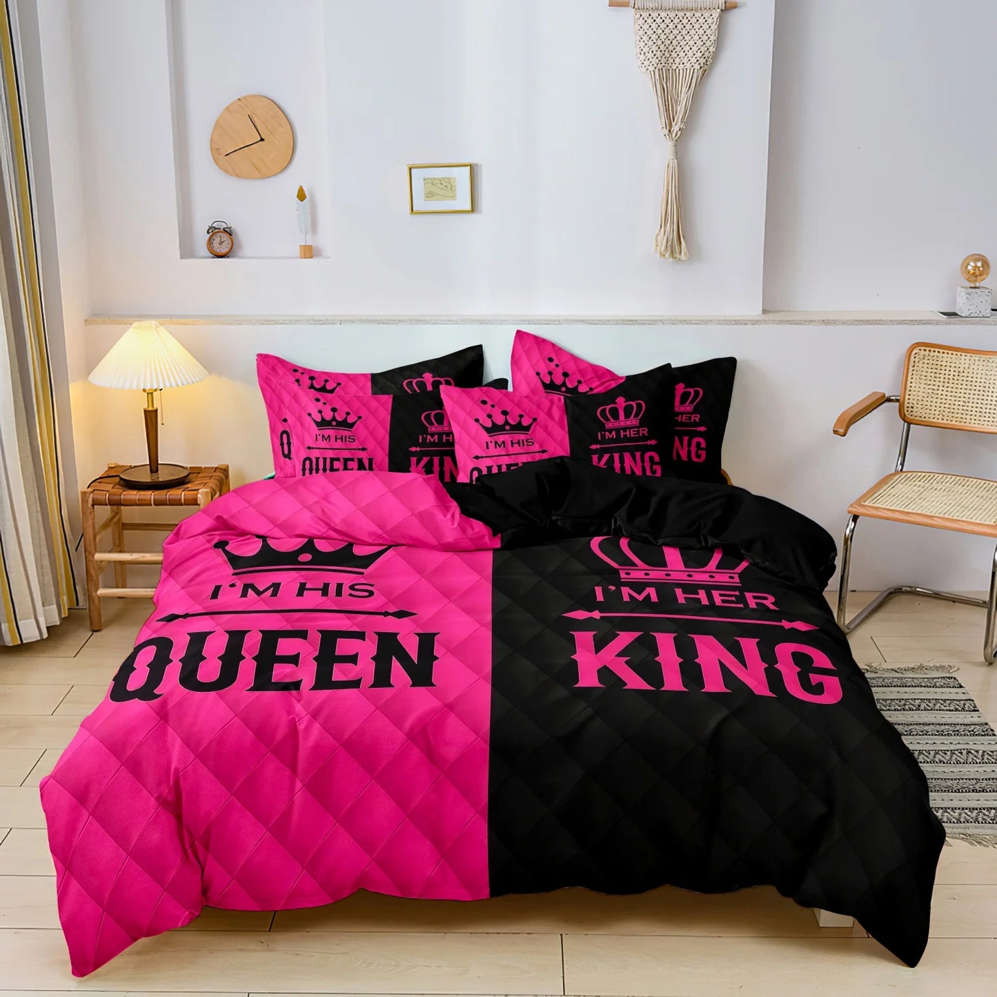 3pcs Couple's King & Queen Printed Duvet Cover Set,Romantic Heart Crown Design, Pink Black Contrast for Sweetness with Elegance