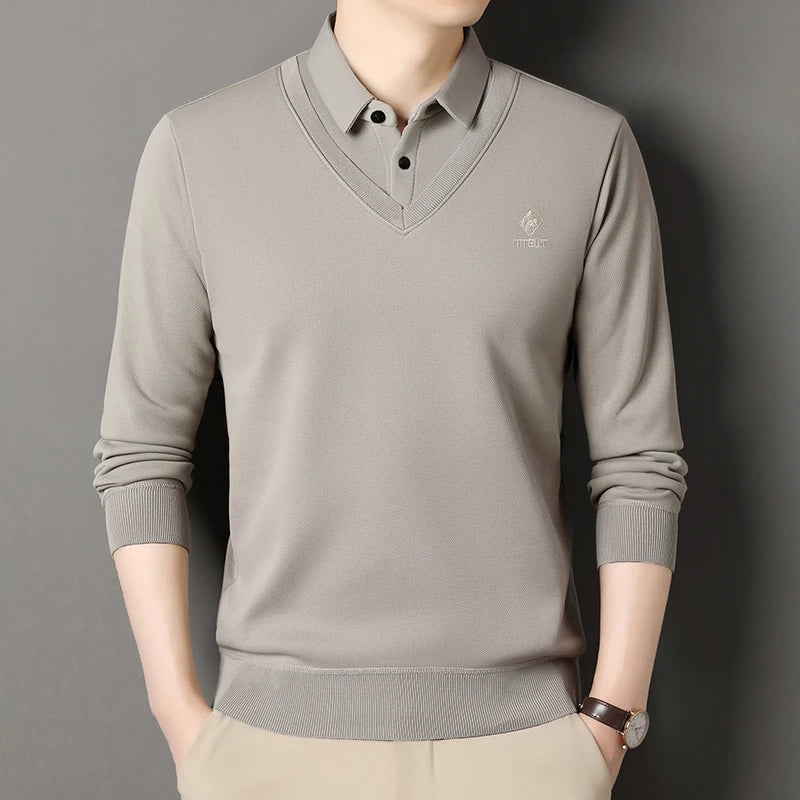 Men's Winter Sweater Velvet Pullover Solid Color Slim Fit Elegant Luxury Brand Knitwear Fake Two Pieces Knitted Sweaters
