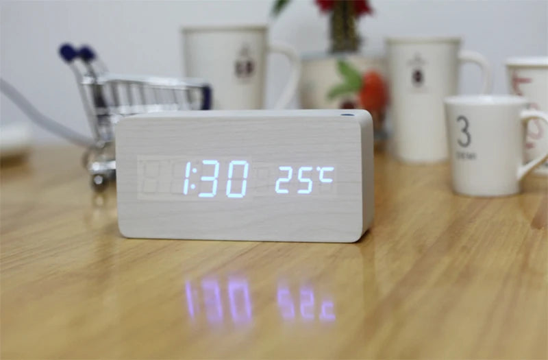 Wooden Digital Alarm Clock with Wireless Charging, LED Clock with Time, Date,Temperature, Desk Clocks for Office,Bedside Clock