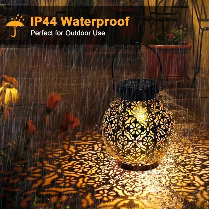Outdoor Garden Landscape Decoration Solar Lights LED Metal Waterproof round Lantern Lights Hanging Hollow Projection Lights