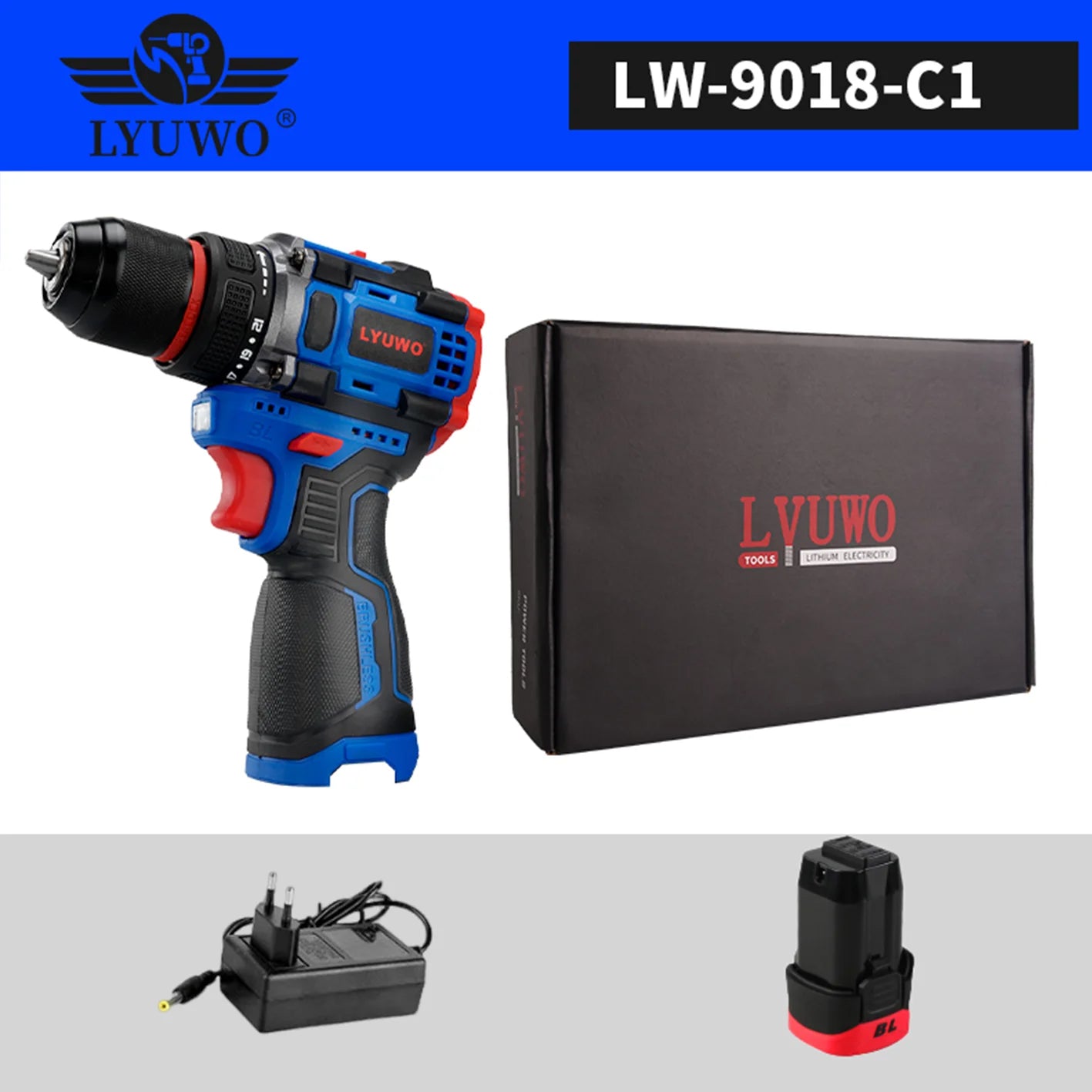 LYUWO 16V Brushless Cordless Drill 70N.m Self-locking Chuck Electric Screwdriver 20+1 Torque Settings 2-Speeds Power Tools