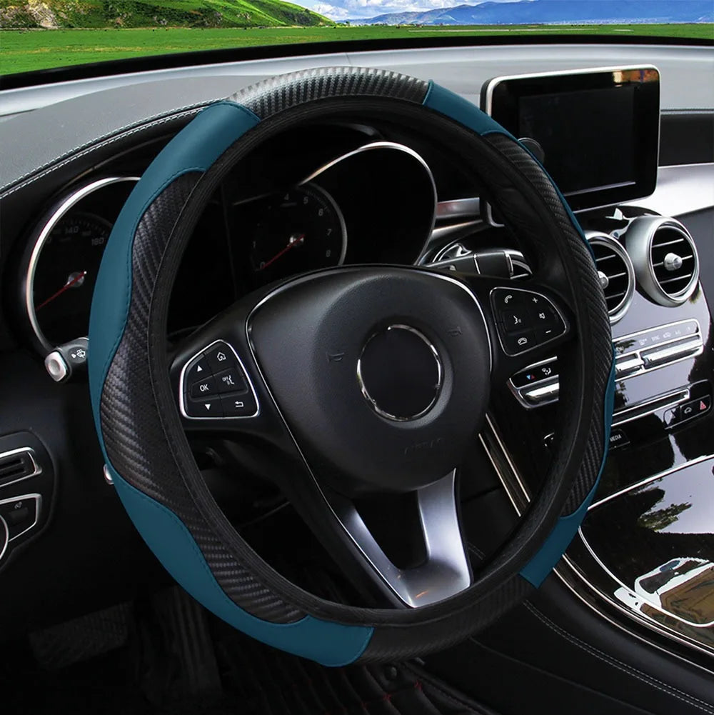 PU Carbon Fiber Leather Car Steering Wheel Cover Without Inner Ring Universal Suitable for 14.5-15 Inches of Automotive Supplies