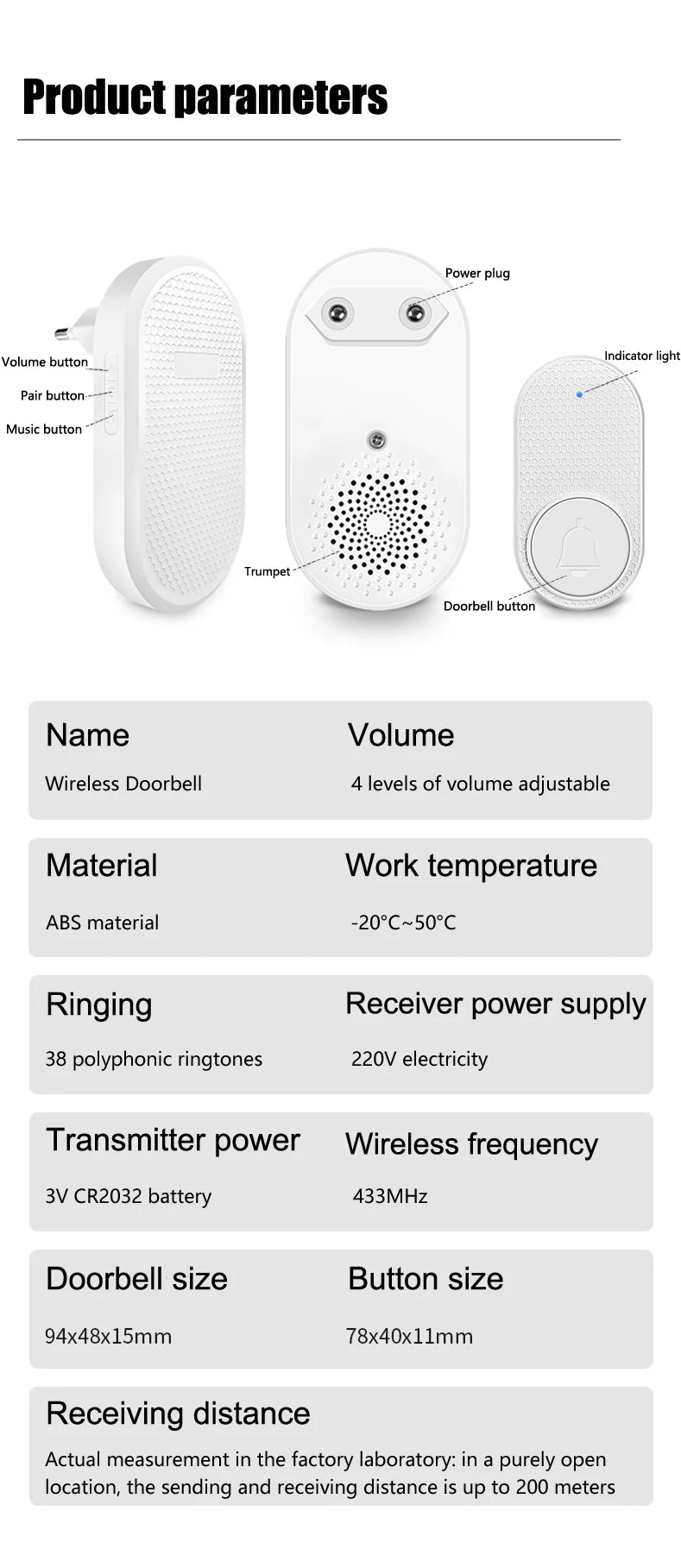 Wireless Doorbell Smart Home 200m Long Distance Remote Control Multi-tone Welcome Door Bell Volume Adjustment EU US Plug White
