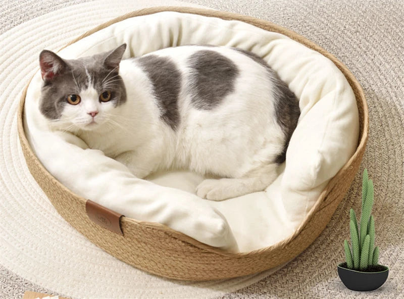 Woven Rattan Cat Basket Nesting Bed All-Season Cozy Kitten Lounger Cushion Scratching Board Detachable 2 in1 Cats Beds House