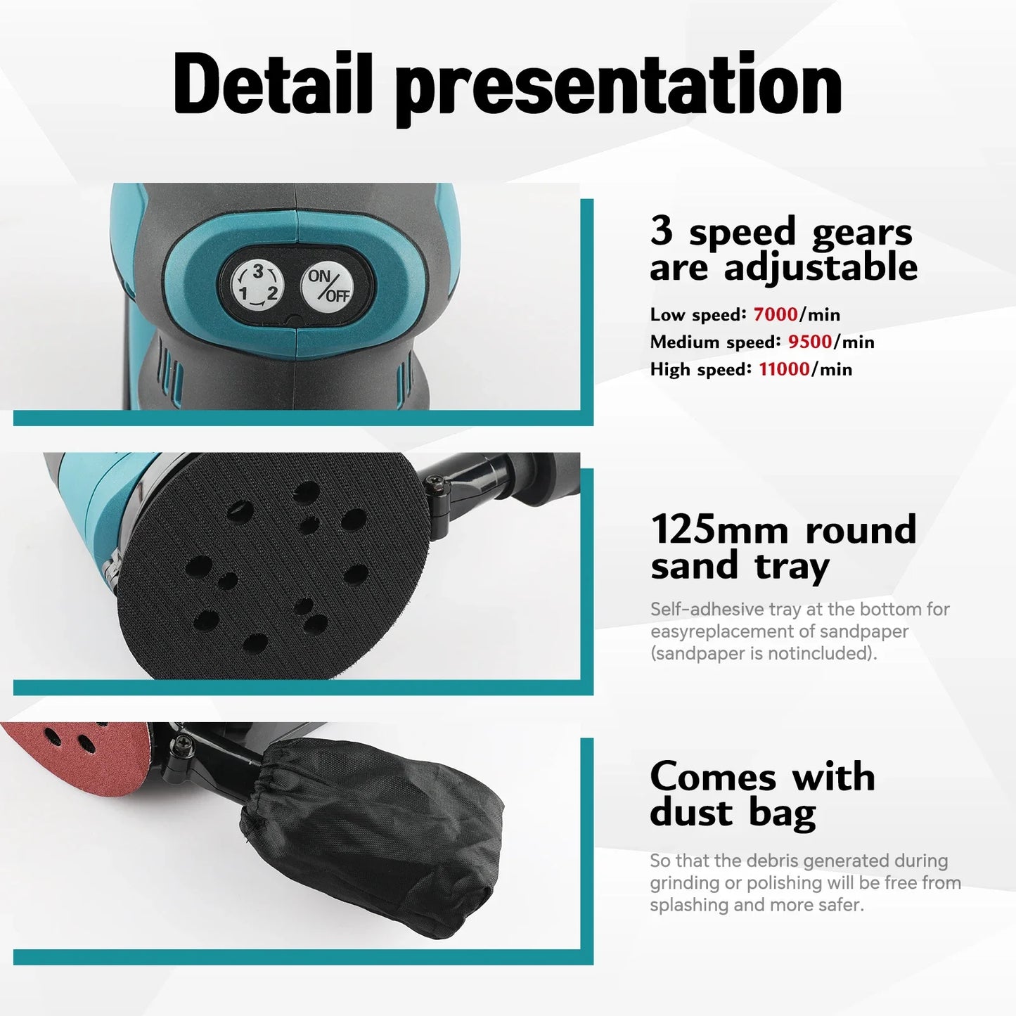 Makita Disc Sander DBO140/DBO180: 3 Speed Options, 125mm Abrasive, 11000 Max RPM, Dust Collection for Sanding & Polishing