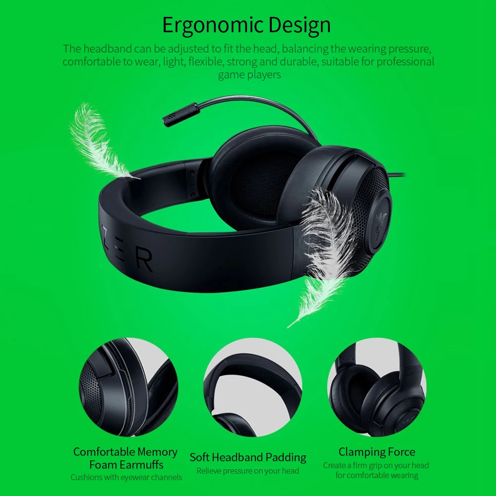 Razer Kraken X Essential Gaming Headset 7.1 Surround Sound Headphone Bendable Cardioid Microphone 40mm Driver Unit Headphones