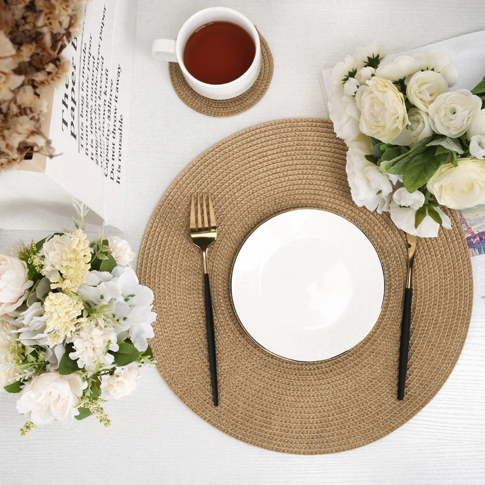 Set of 12 Round Braided Table Mat Washable Placemats Non Slip Heat Resistant for Kitchen Dining Tables Pad With Cup Coasters