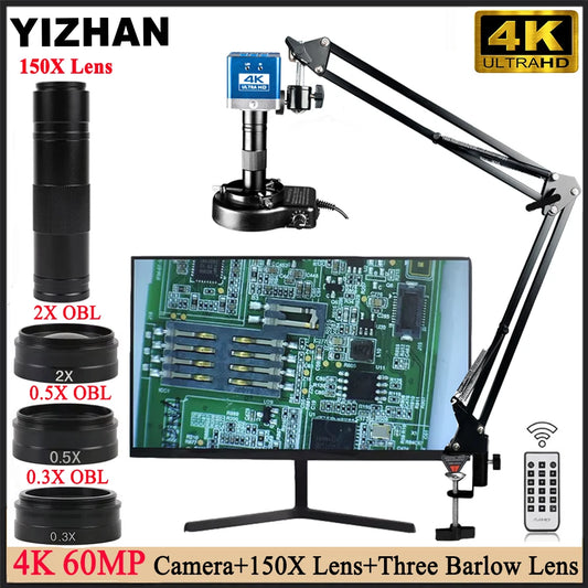 YIZHAN 4K UHD Digital Microscope 60MP Industrial Microscope 150X Lens 0.3X 0.5X 2X OBL for PCB Soldering/Jewelry Repair/Dentist