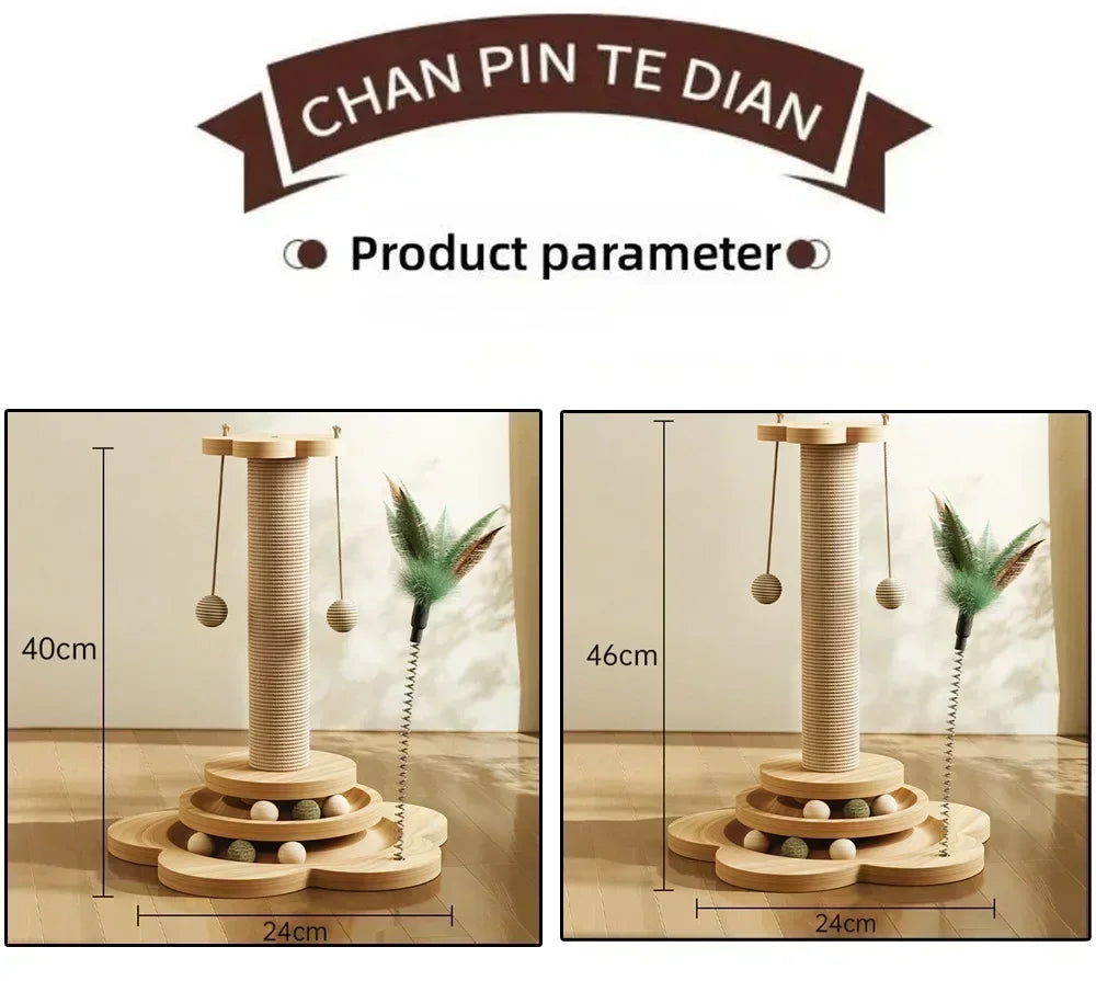 Durable Sisal Cat Scratcher Turntable with Funny Stick Balls Solid Wood Cat Toy Scratching Board Pet Supplies Climbing Frame
