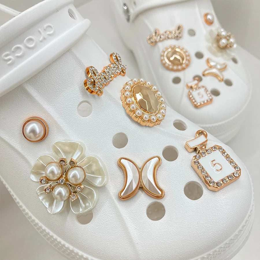 12pcs Gloden Shoe Charms 3D Flower Perfume Faux Pearl Shoe Buckle Decoration Suitable For Crocs Kids Party Gift