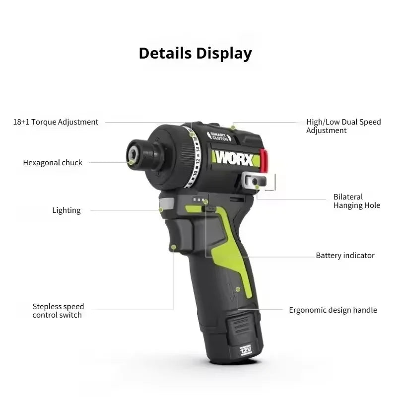 Worx WU139 Cordless Screwdriver Dual Speed 50Nm 12v 1800rpm 18+1 Brushless Motor Adjust Torque Univeral Green 12V Battery Pack
