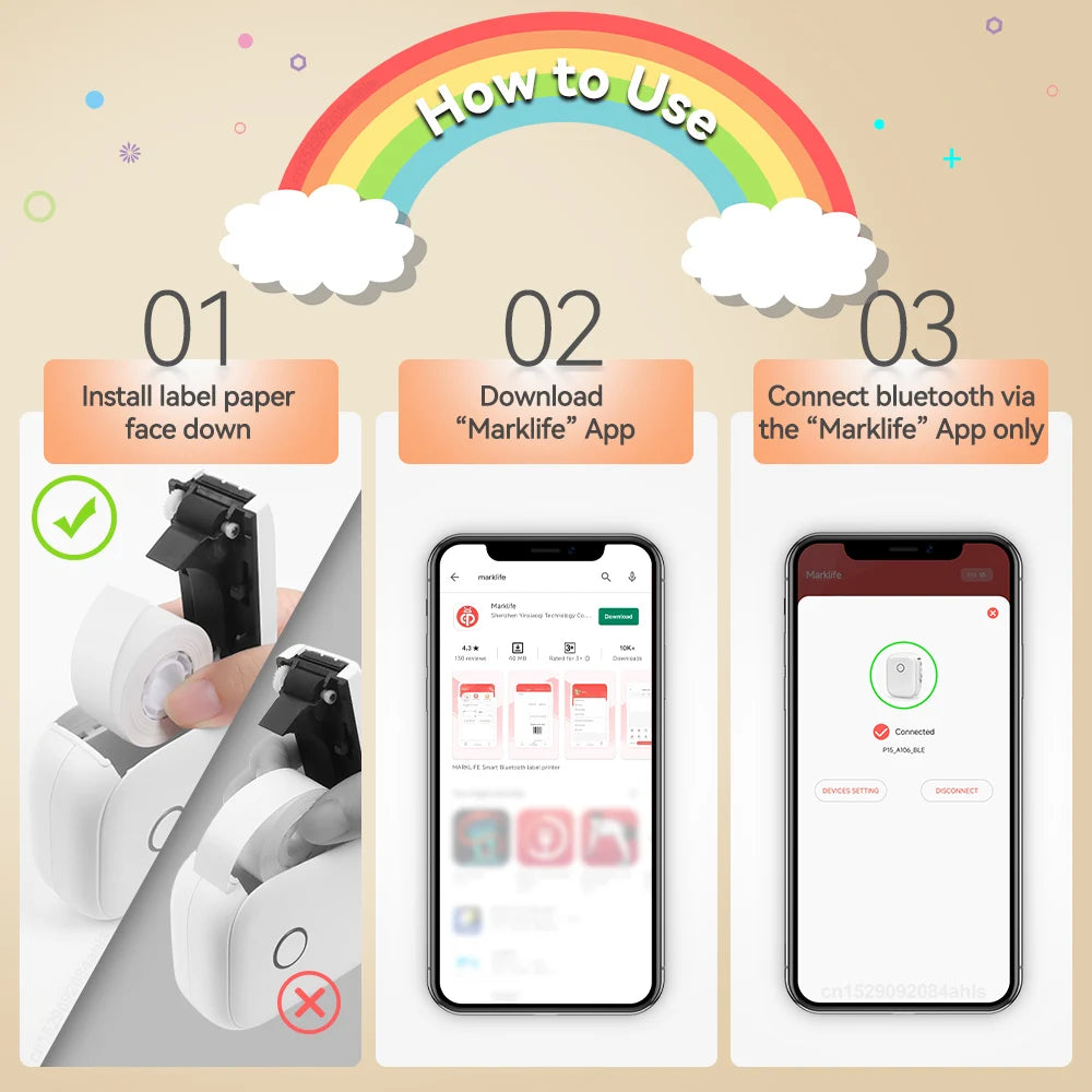 P12 Self Adhesive Sticker Label Printer Portable Labeling Machine Wireless Bluetooth Mini Label Maker with1PK Continuous Paper