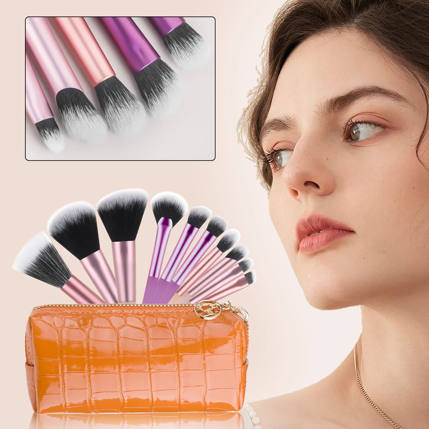 10 mini transparent handle brushes+crocodile patterned bag makeup brush Travel portable Makeup Tool Professional with bag