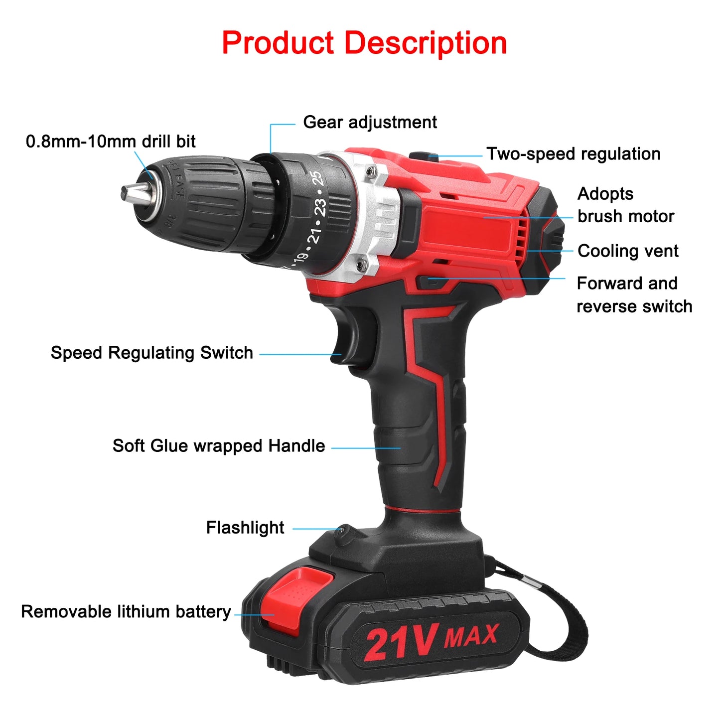 21V Electric Drill Brush Motor 2 Speed Control Stepless Speed Regulation Rotation Ways 25 Gears Torques Adjustable Lithium Drill