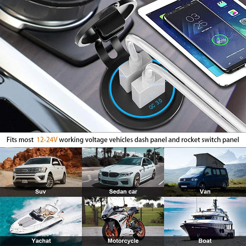 Dual USB Car Charger Waterproof 12V/24V QC3.0 USB Fast Charger Socket Power Outlet with Touch Switch