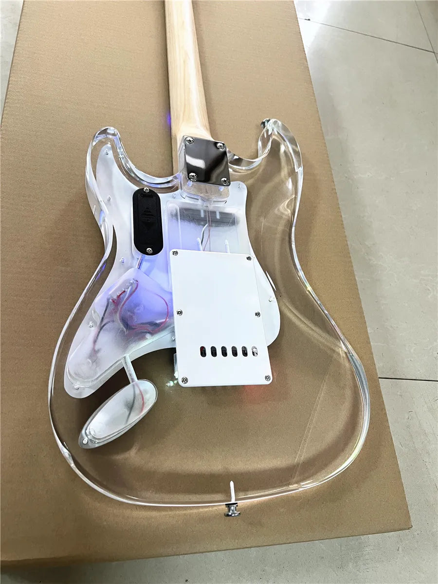 High quality classic acrylic clear Plexiglas crystal 6-string electric guitar with colored lights maple neck Free shipping