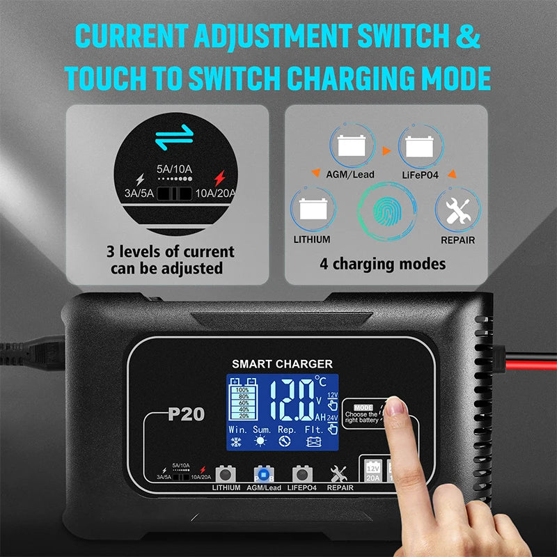 EAFC 10A/15A/20A Car Battery Charger 12V 24V Smart Charger for Lead-Acid PB AGM LiFePO4 Batteri Automatic Motorcycle Charger