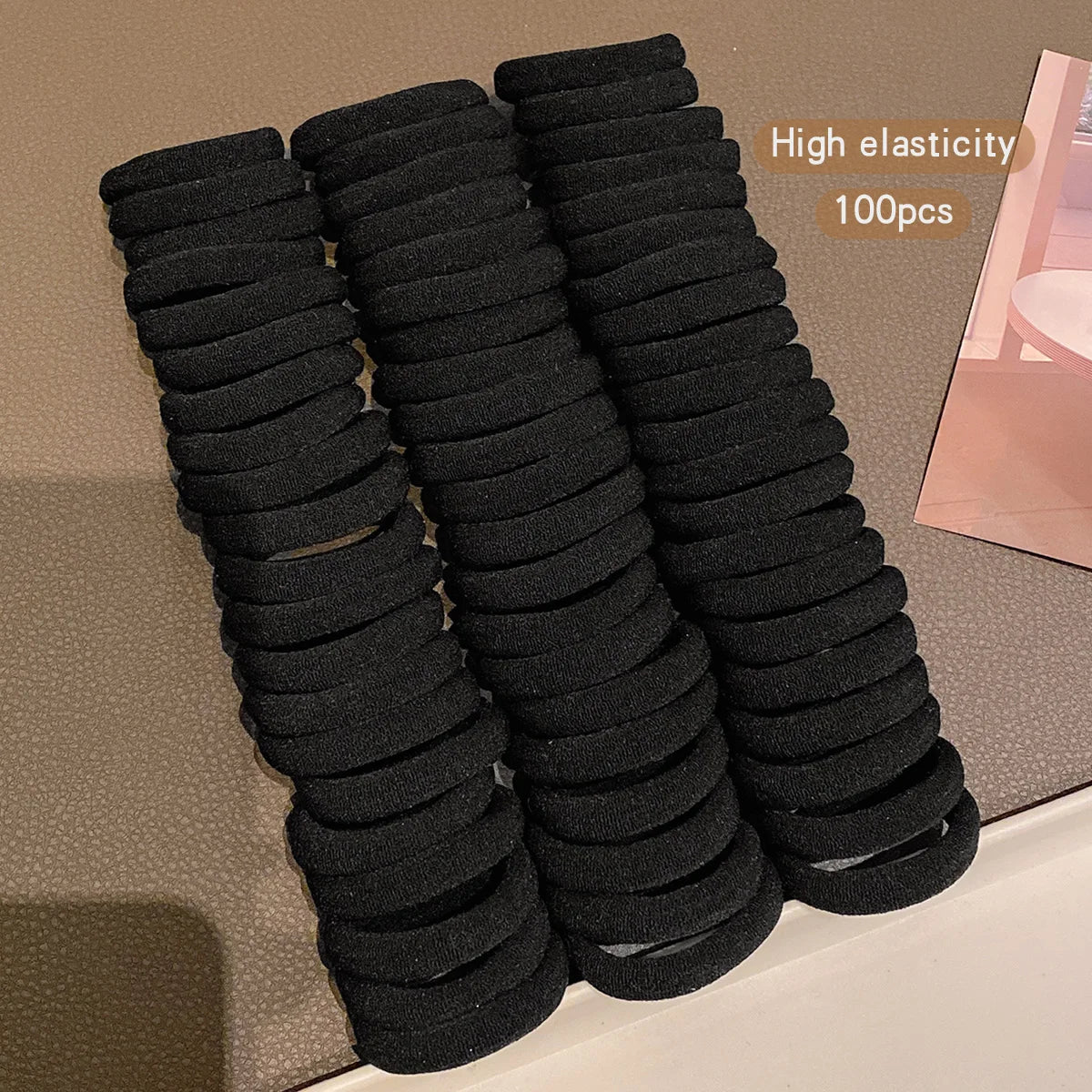 100 elastic and durable black rubber band basic hair accessories suitable for daily use (box is a shooting prop)