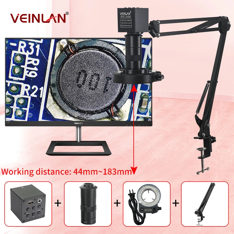 Video microscope, with magnification ranging from 1 to 150 times. Vga HDMI camera. Inspection of soldering and printing.