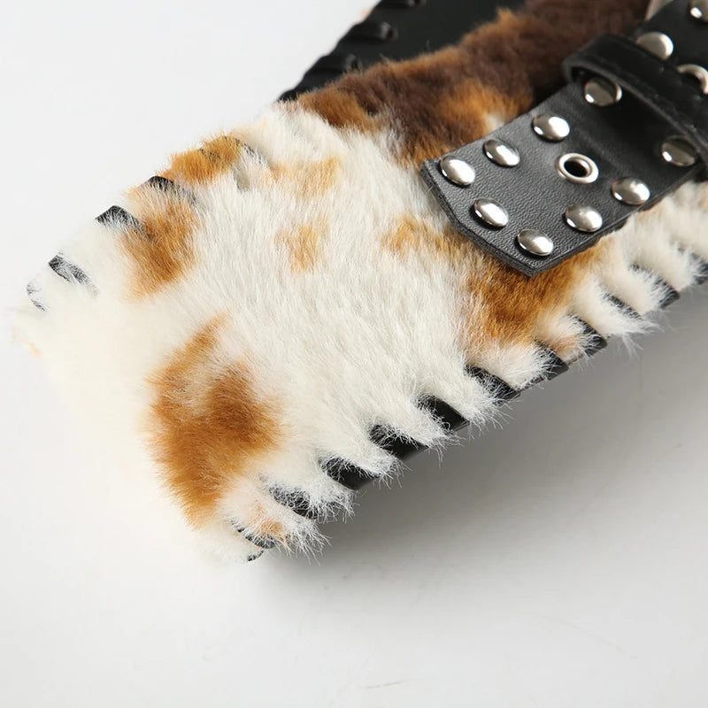 SUCHCUTE Vintage Faux Fur Patchwork Pu Leather Belt Punk Western Cowboy Accessories Y2K Women's Waistband Retro 2000s Decorative
