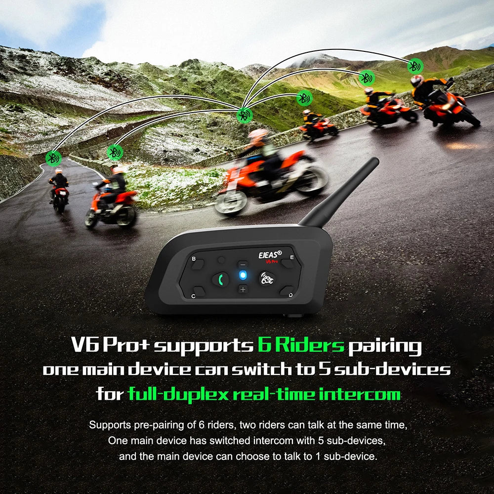 EJEAS V6 PRO +/PLUS Bluetooth Motorcycle Helmet Intercom Headset with 800M BT Interphone Communicator for 6 Riders Waterproof