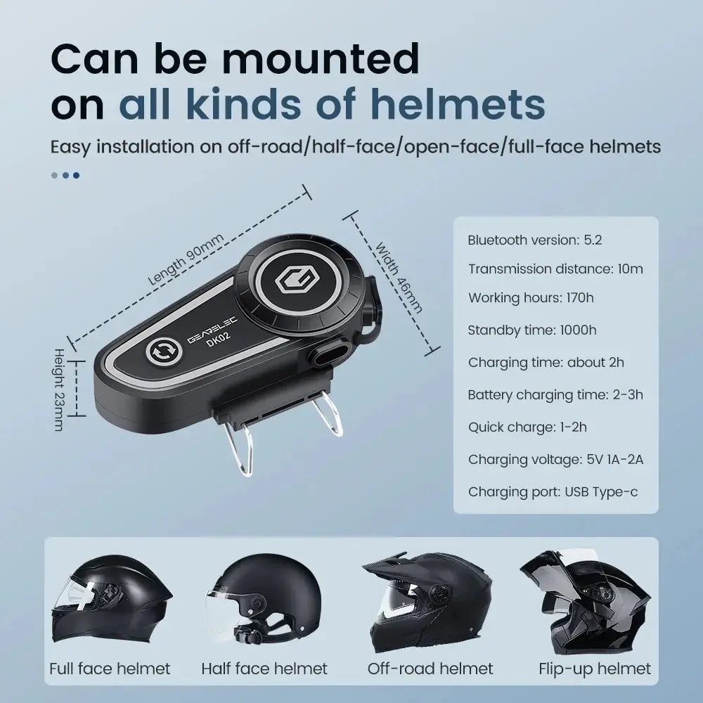 GEARELEC DK02 Motorcycle Helmet Headset Stereo Bluetooth Hands Free Call IPX7 Waterproof 2800mAh With Tri-Color Ambient Light
