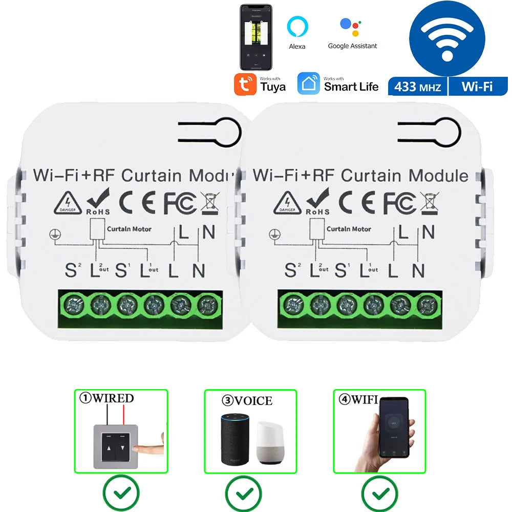 Tuya WiFi RF Smart Curtain Switch Smart Life Wireless Roller Shutter Remote Controller 110V 220V Timing Module,for Google/Alexa