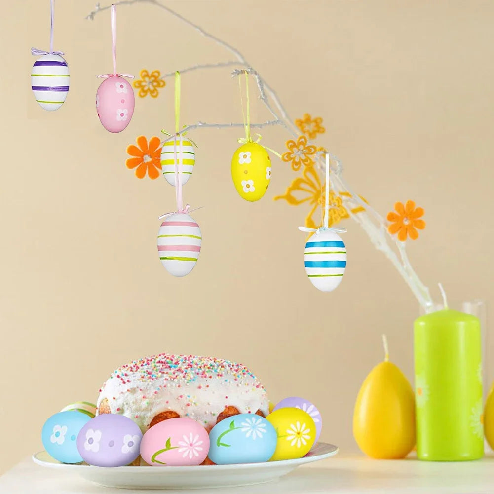 12Pcs Easter Egg Tree Pedant Foam Eggs Hanging Ornaments Easter Home Decoration 2024 Holiday Party Supplies Kids Gifts