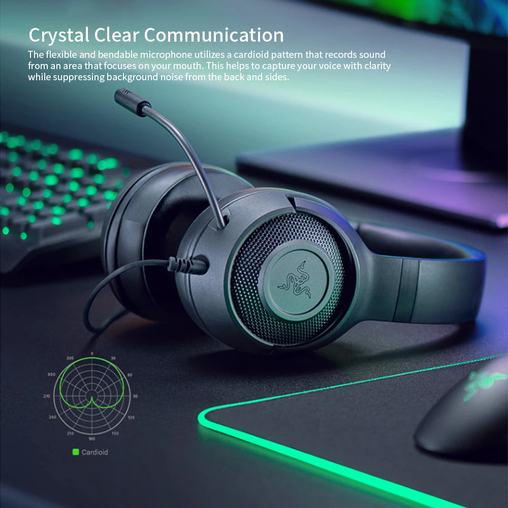 Razer Kraken X Essential Gaming Headset 7.1 Surround Sound Headphone Bendable Cardioid Microphone 40mm Driver Unit Headphones