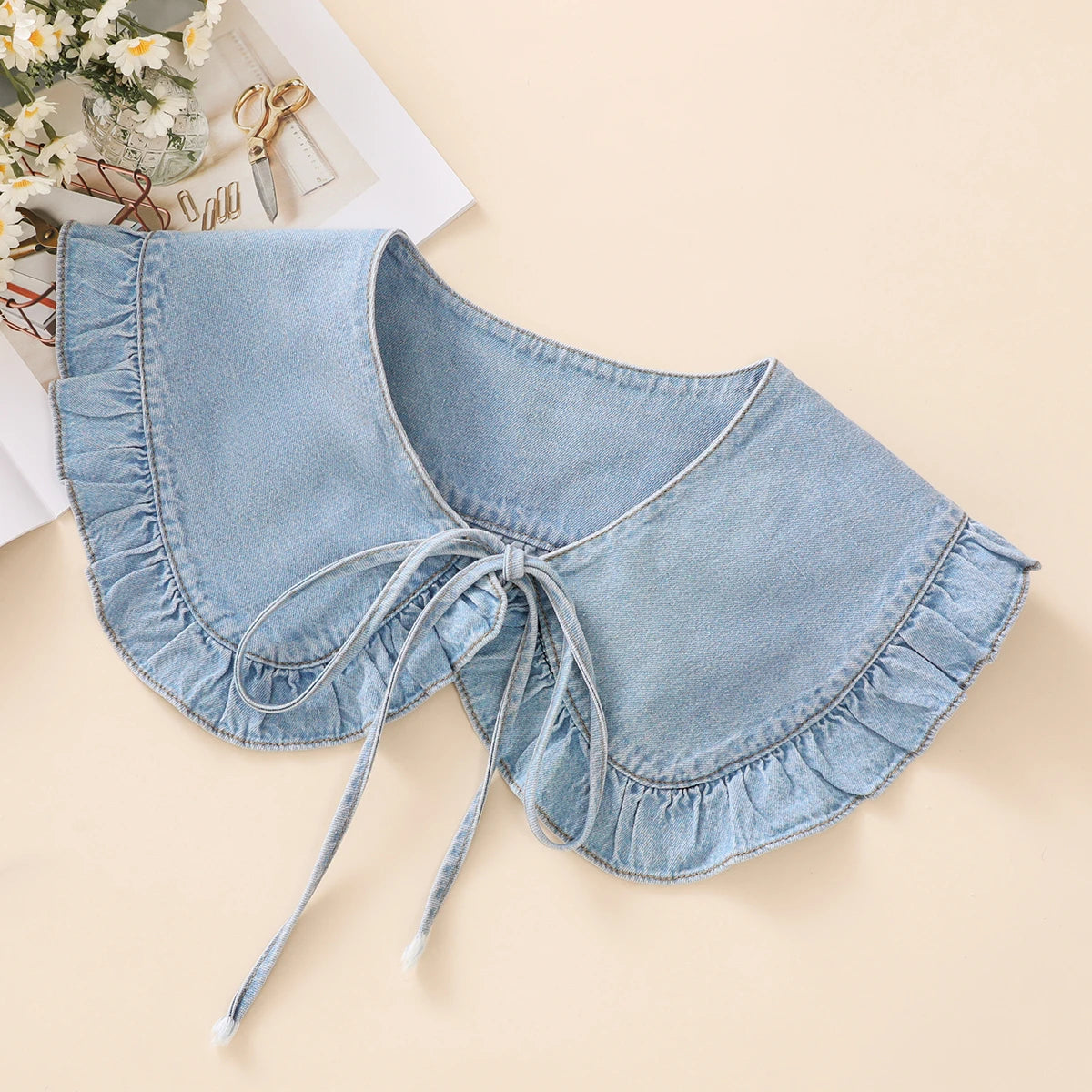Women's Washed Denim Shawl Collar with Pleated Lace and Fashionable Fake Collar