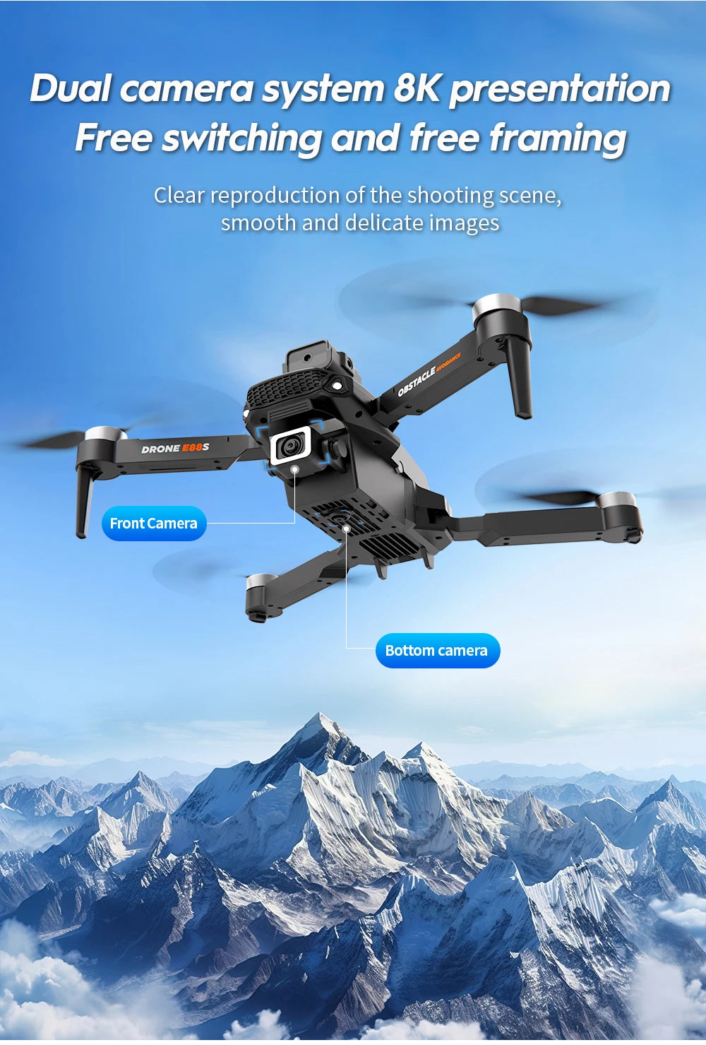 E88S RC Drone 4K Wide Angle Optical Flow Dual HD Camera Avoiding Obstacle Brushless Motor with Remote Control Foldable